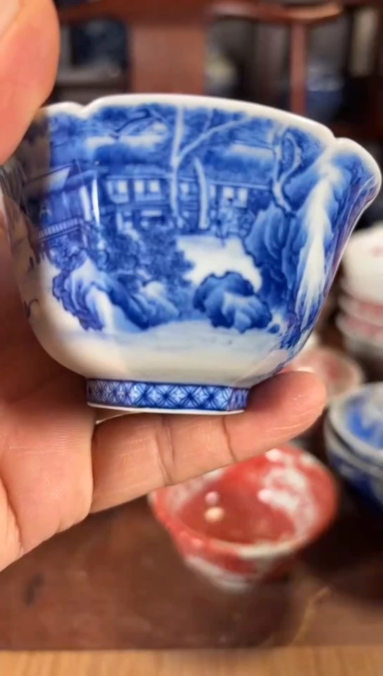 柴窑青花山水六方葵口杯杯