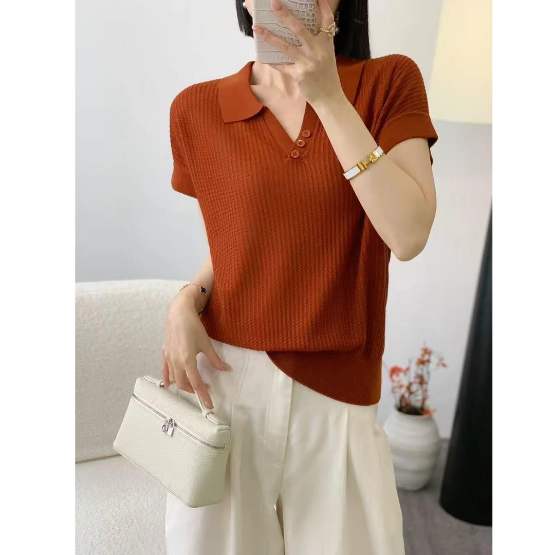 5127【100天丝莱赛尔】时尚翻领短袖t恤女夏季新款洋气显瘦针织上衣