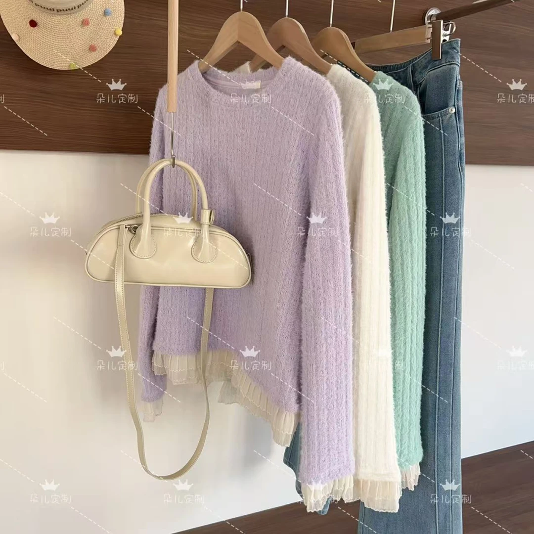 朵儿定制【踏青】糖果色圆领花边拼接针织打底衫IL84