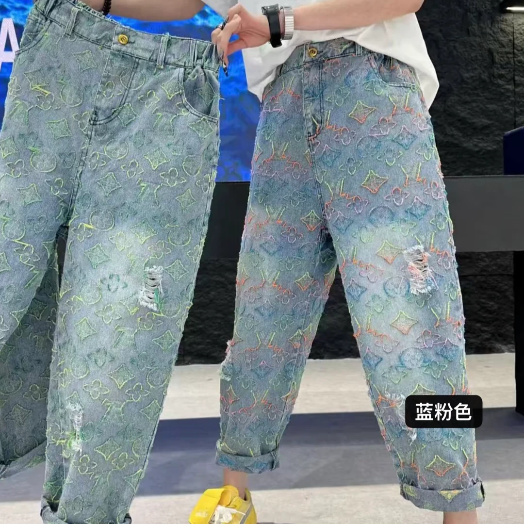 190-210斤  裤长100 破洞提花老爹牛仔裤 (无弹)