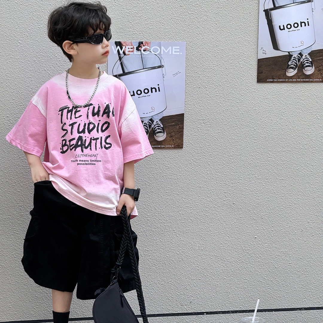 男童T恤2025夏季新款儿童百搭宽松休闲扎染美式印花短袖上衣韩版