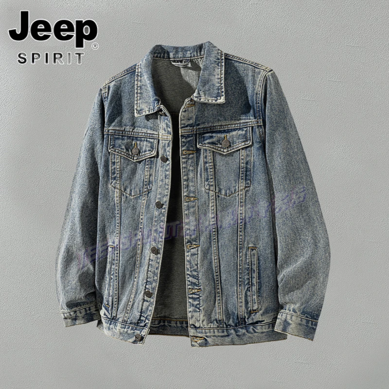 Jeep吉普春秋季做旧蓝夹克美式休闲牛仔外套复古宽松工装男士上衣