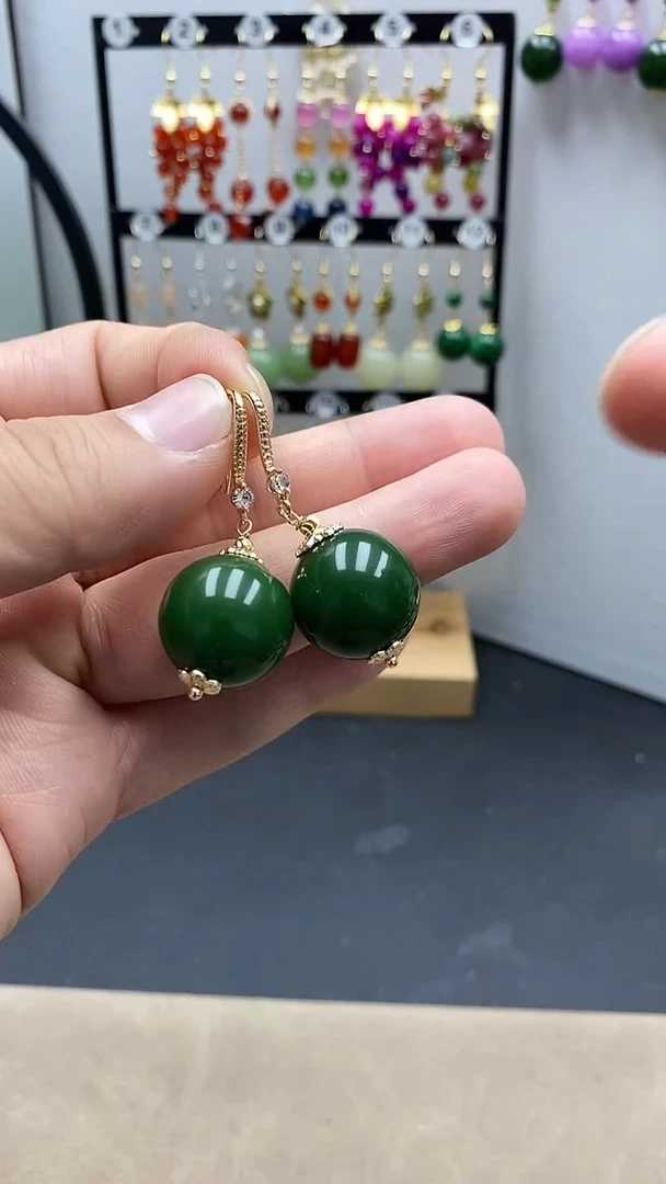 【闪购商品】和田玉耳饰银S925镀金镶嵌尺寸18mmW3