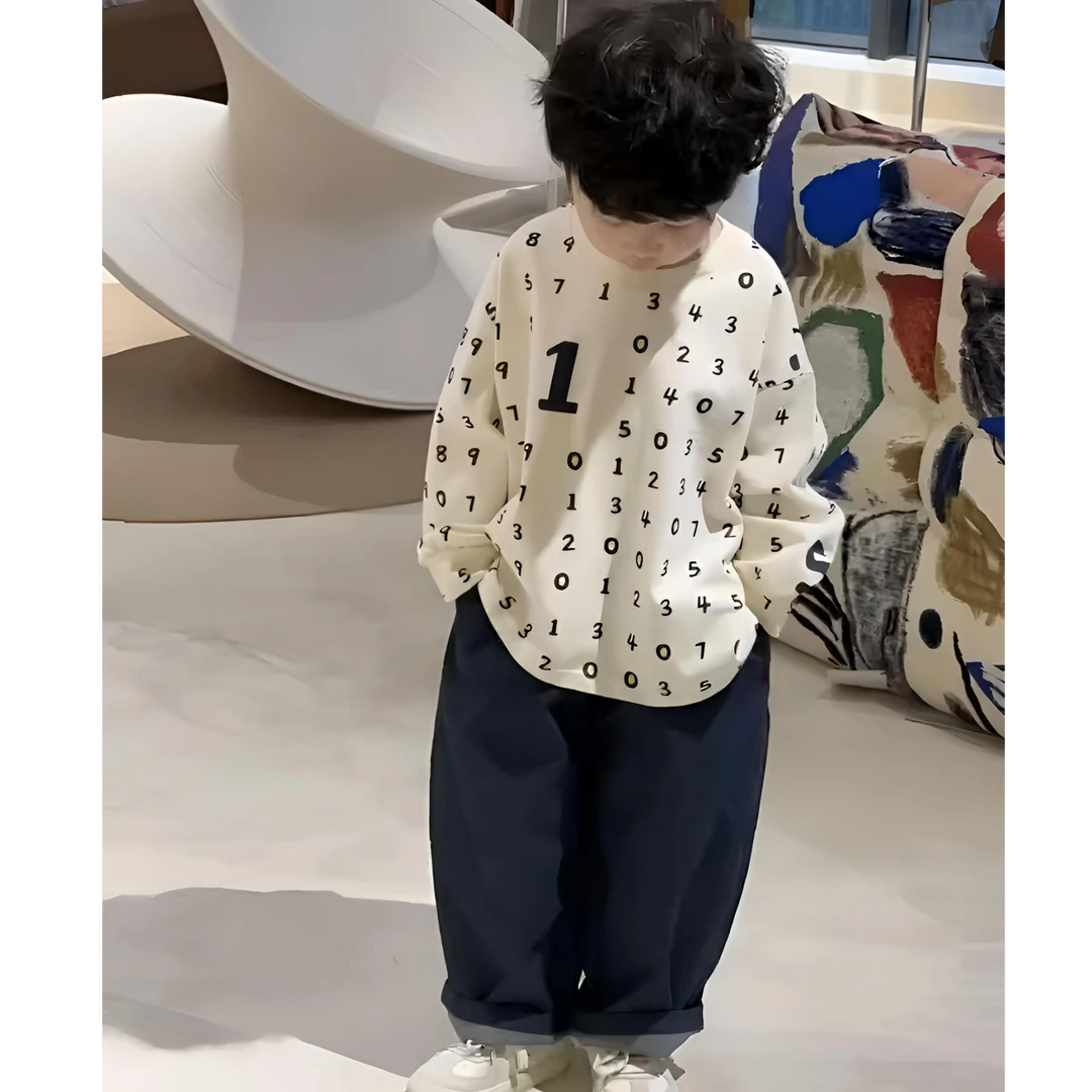 男童套头卫衣两件套春秋2025男孩数字印花长袖打底衫休闲牛仔裤子