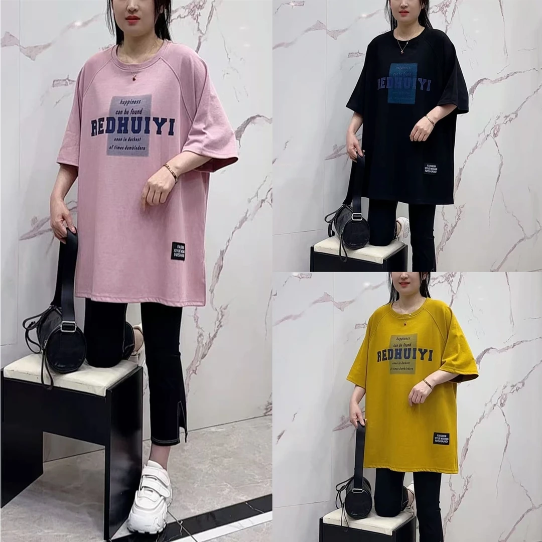 夏季方块字母印花半袖时尚百搭宽松大码圆领中长款短袖T恤