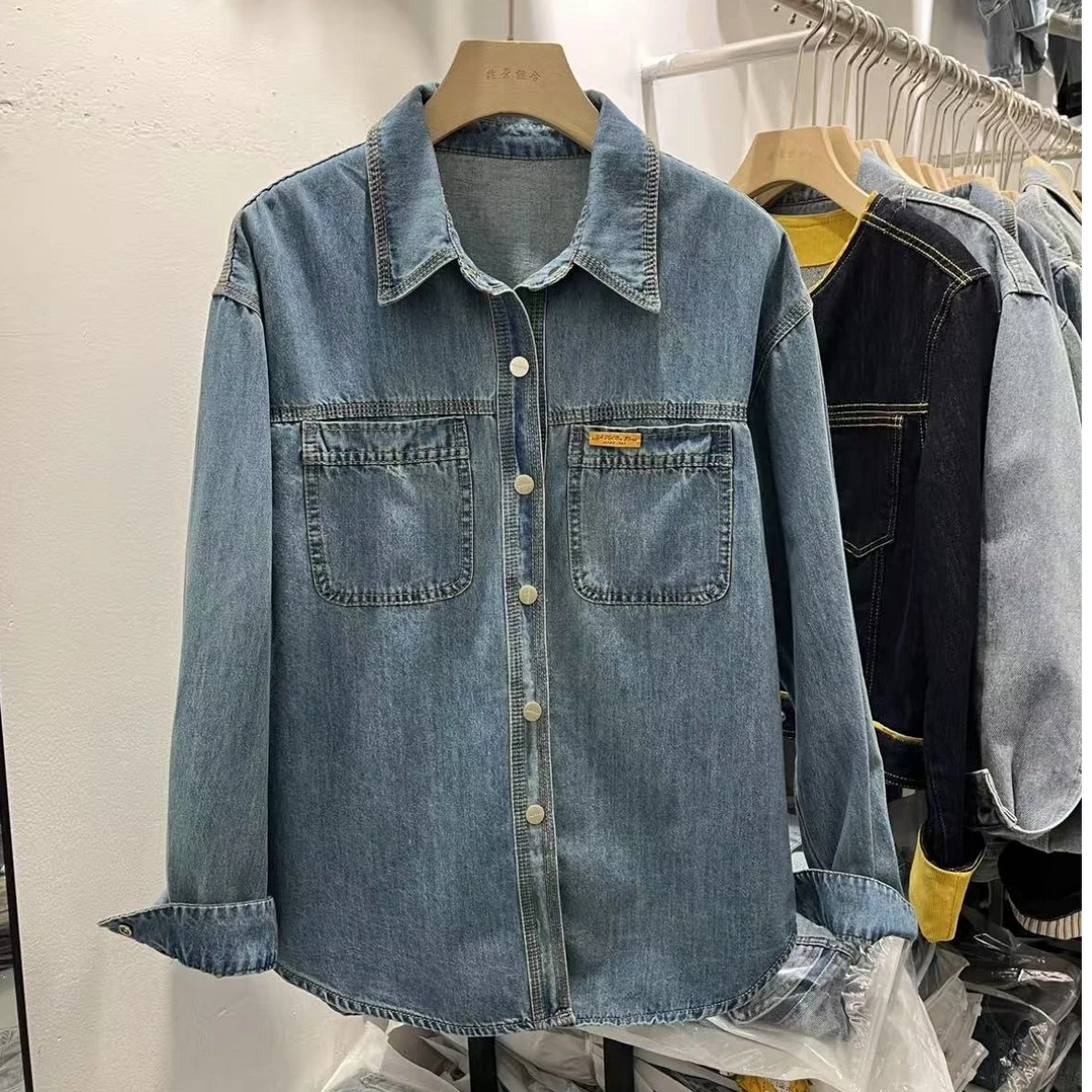 2025春季新款港风复古牛仔衬衫女长袖宽松叠穿衬衣时尚减龄短外套