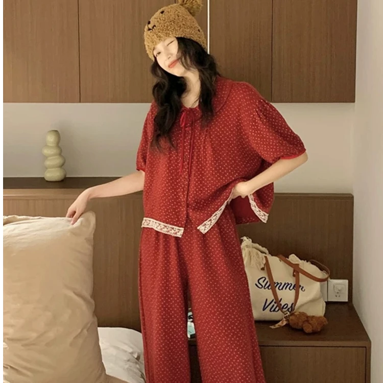 睡衣女款爆款2025新款娃娃领套装夏季休闲裤睡裤三件套外穿家居服