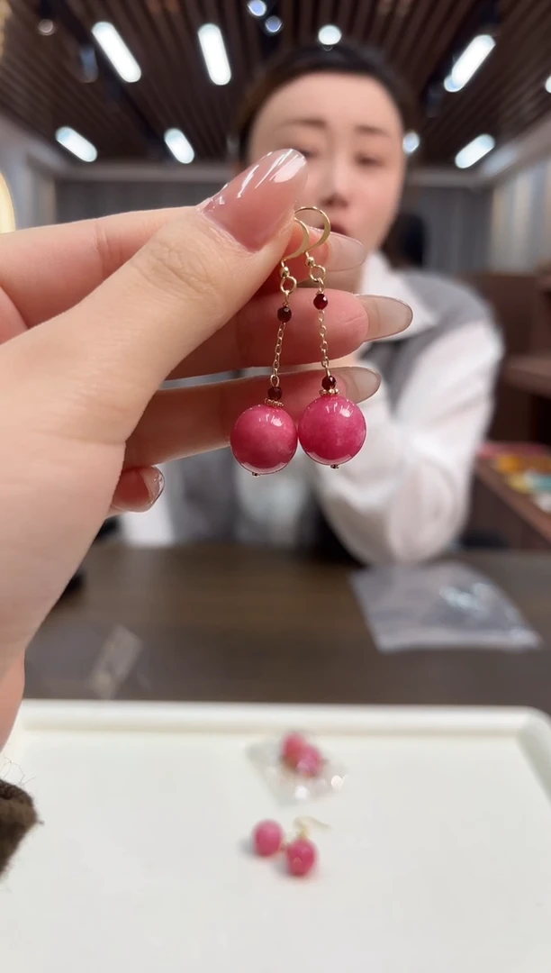 14K金镶嵌菱锰矿（红纹石）耳坠DIY款E613
