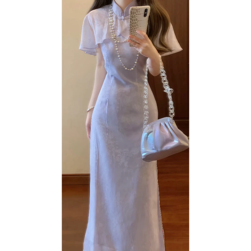 新中式国风设计感紫色雪纺印花改良旗袍连衣裙优雅气质长裙9244