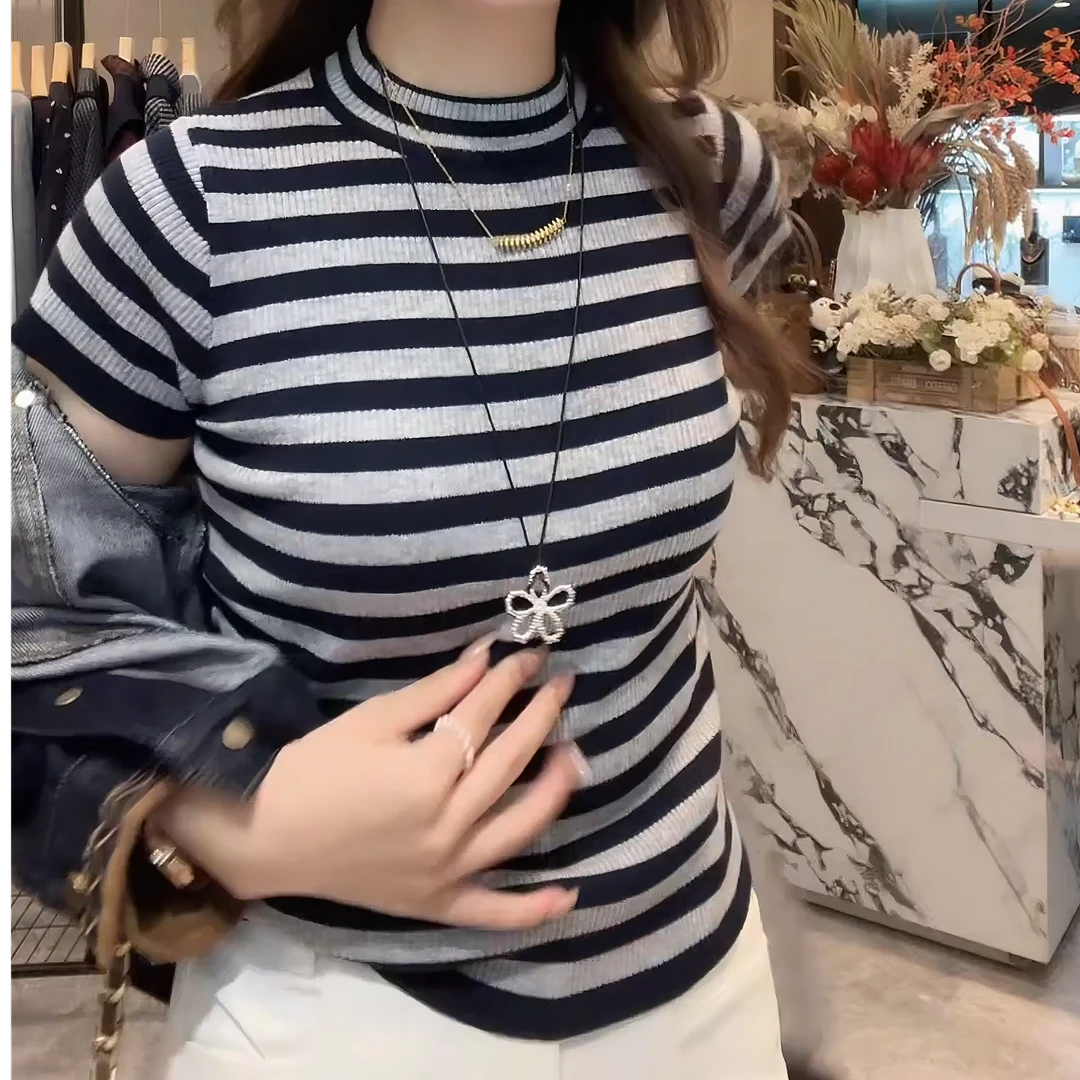 秋季新款时尚优雅修身短袖T恤老钱风女装洋气修身打底衫LK2505993