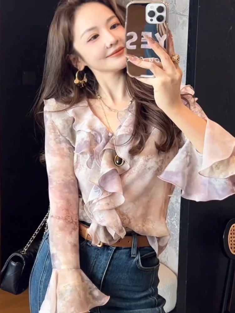 花色系时尚荷叶袖定制佯装荷叶边质感修身气质衬衫2025秋季新款女