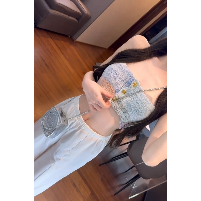 韩系女神2025夏季新款小香风彩色针织抹胸上衣配高腰休闲裤两件套