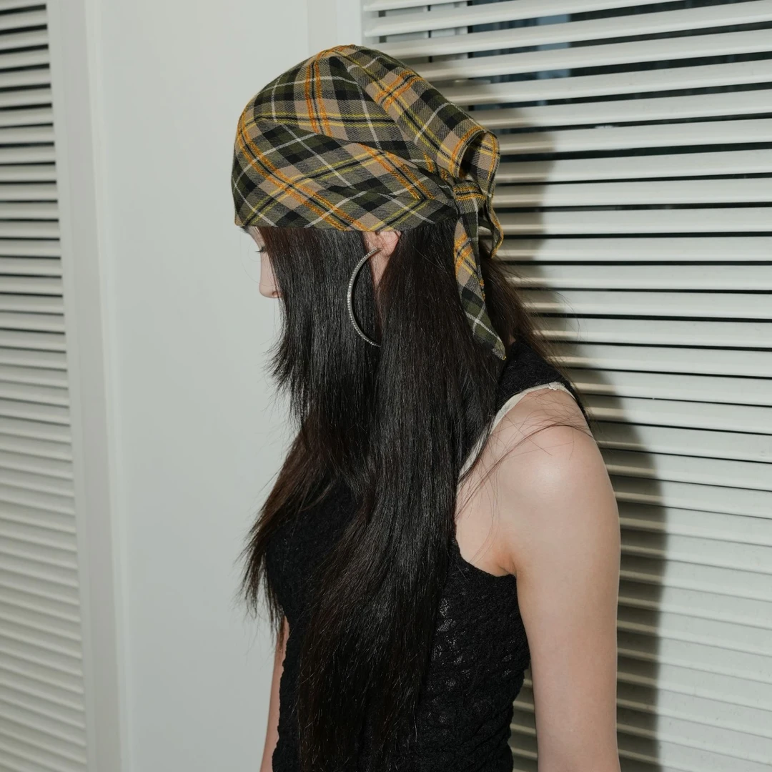 JOJOKUR黄格纹头巾设计师款小众三角巾自由系法潮酷造型感多用