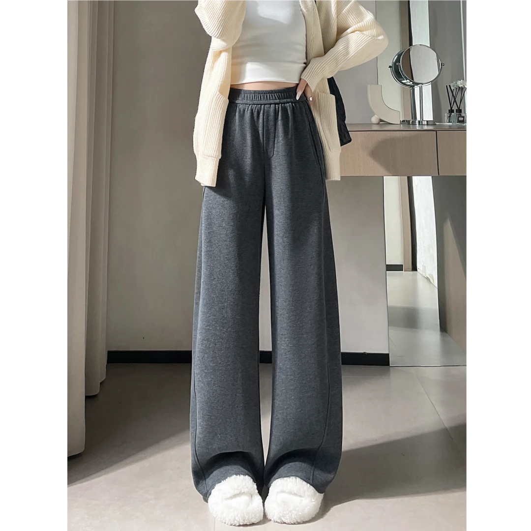 拉夏贝尔灰色松紧阔腿裤女春秋2025款休闲糯米裤毛宽松呢料直筒裤