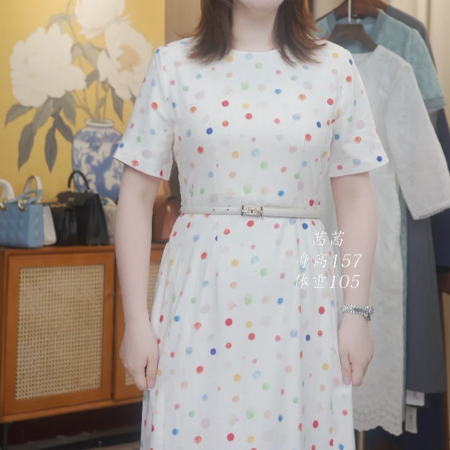 24-80669彩色波点米白底收腰A字裙夏季新款气质温柔知性连衣裙