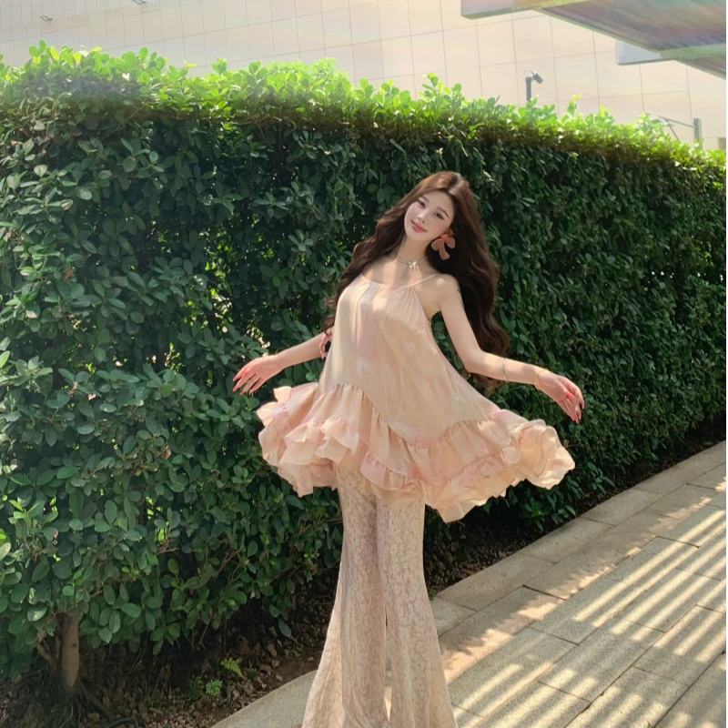 立体花朵晕染露肩吊带上衣+修身显瘦提花蕾丝鱼尾裤微喇休闲裤