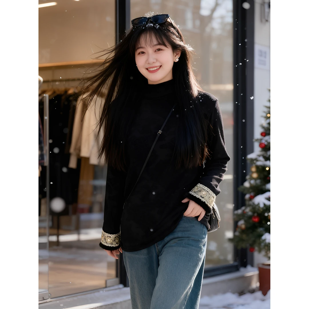 大码女装 胸104-128提花薄绒刺绣毛边袖口打底上衣985#