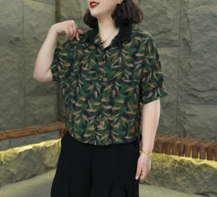 夏季薄款洋气减龄印花宽松蝙蝠衬衫