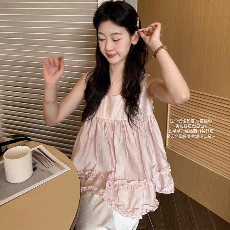 【闵笑一】桃夭 小众设计夏季新款粉色简约甜美无袖衬衣女上衣