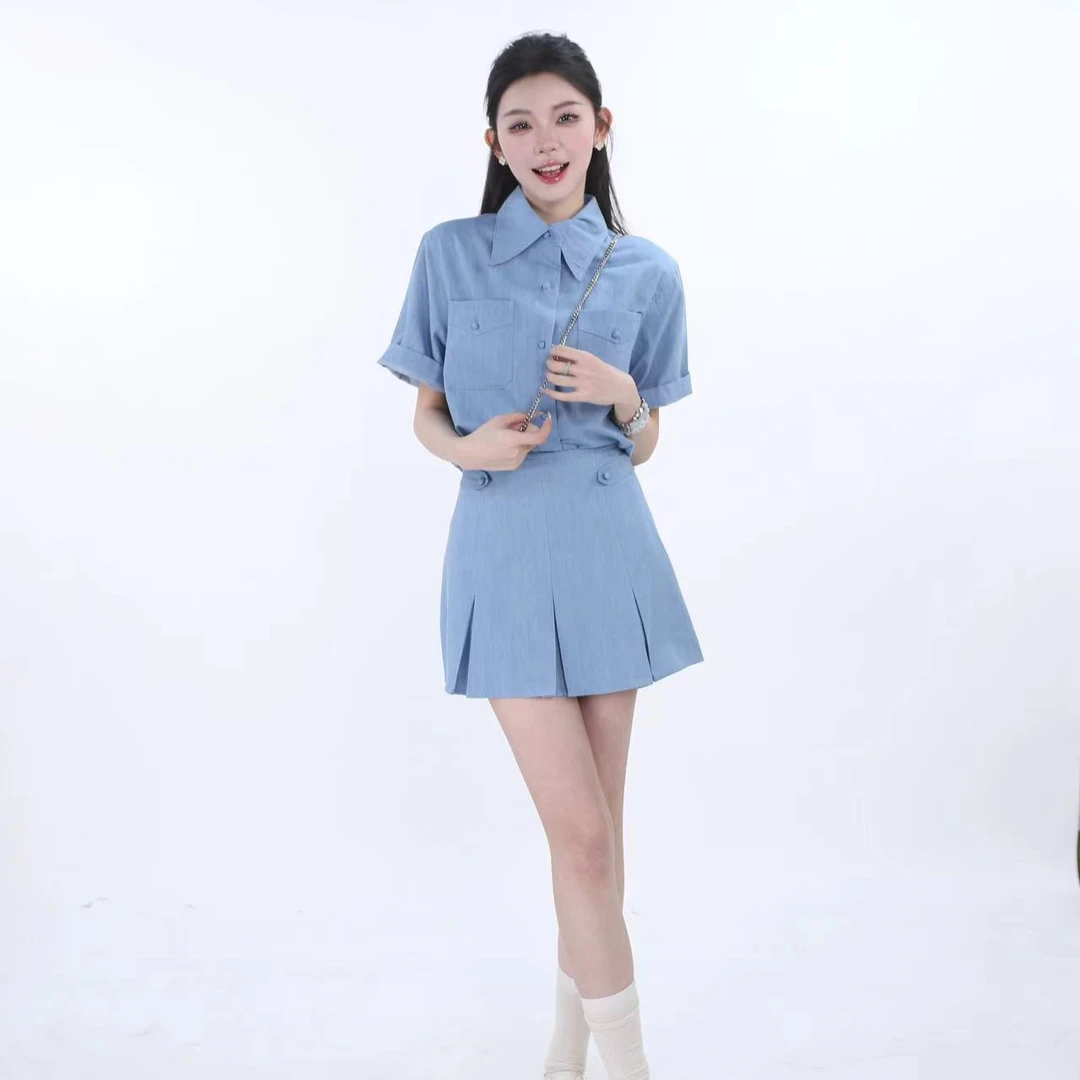 清！货【夏装上新】POLO领气质单排扣宽松显瘦女水洗牛仔衬衣