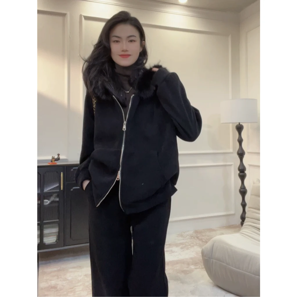 【冬日暖炉】卫衣+卫裤两件套~加厚加绒雪尼尔大毛领外套长裤套装女