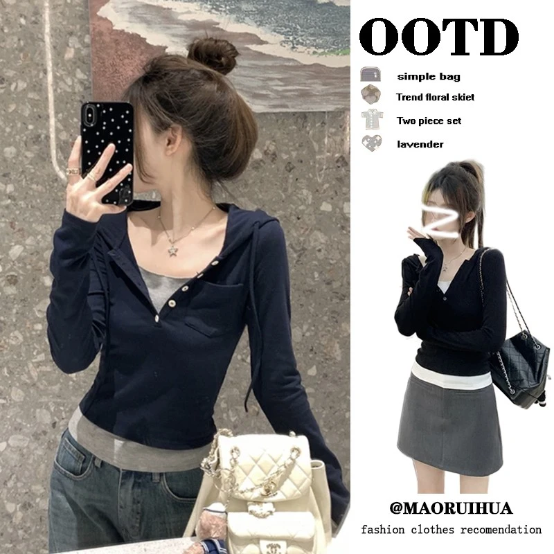 法式假两件连帽打底衫t恤女早春秋季2025新款小个子内搭短款上衣