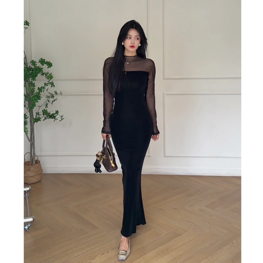 【江南千金】赫本风小黑裙高级感轻奢高定网纱拼接丝绒修身显瘦包臀