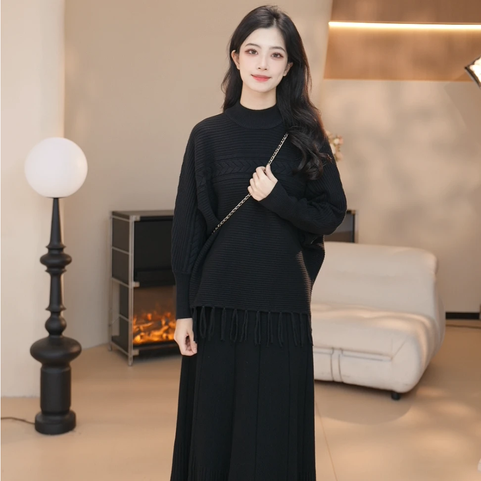 Basic House/百家好JH24年气质春季百搭休闲显瘦圆领针织百搭套装