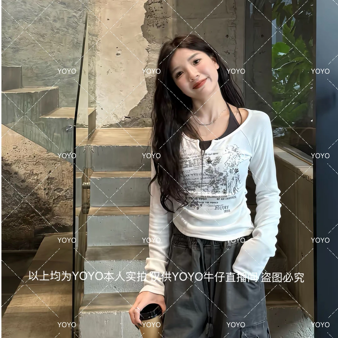 YOYO自制【绑带叠穿】秋款显瘦辣妹短款时尚印花长袖上衣