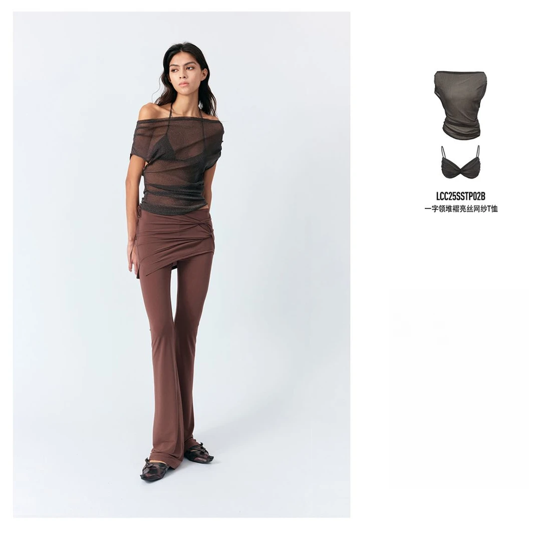 【LOCAT】lucency 一字领堆褶亮丝网纱T恤 25SSTP02