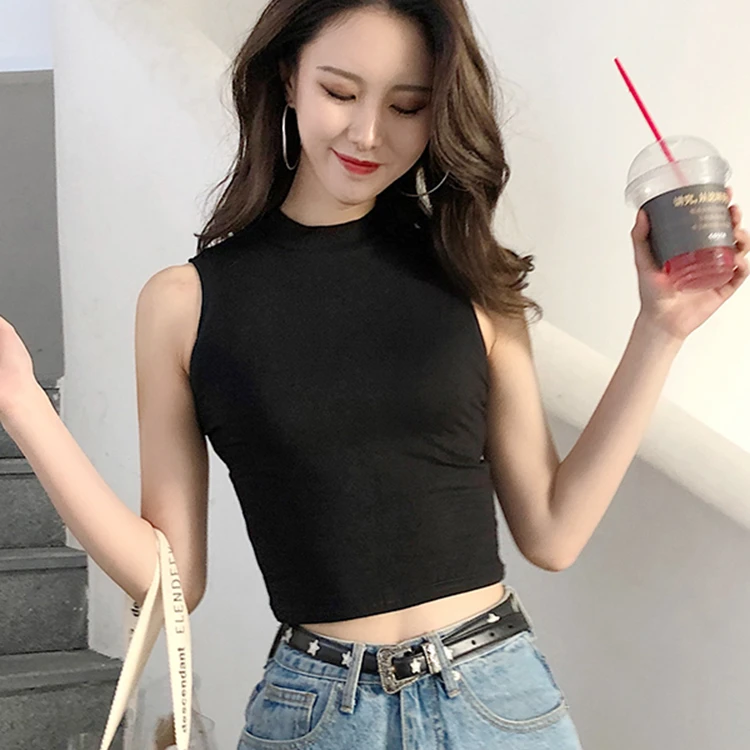 黑色露脐背心女夏 短款高腰外穿无袖T恤漏肚脐上衣打底内搭小背心