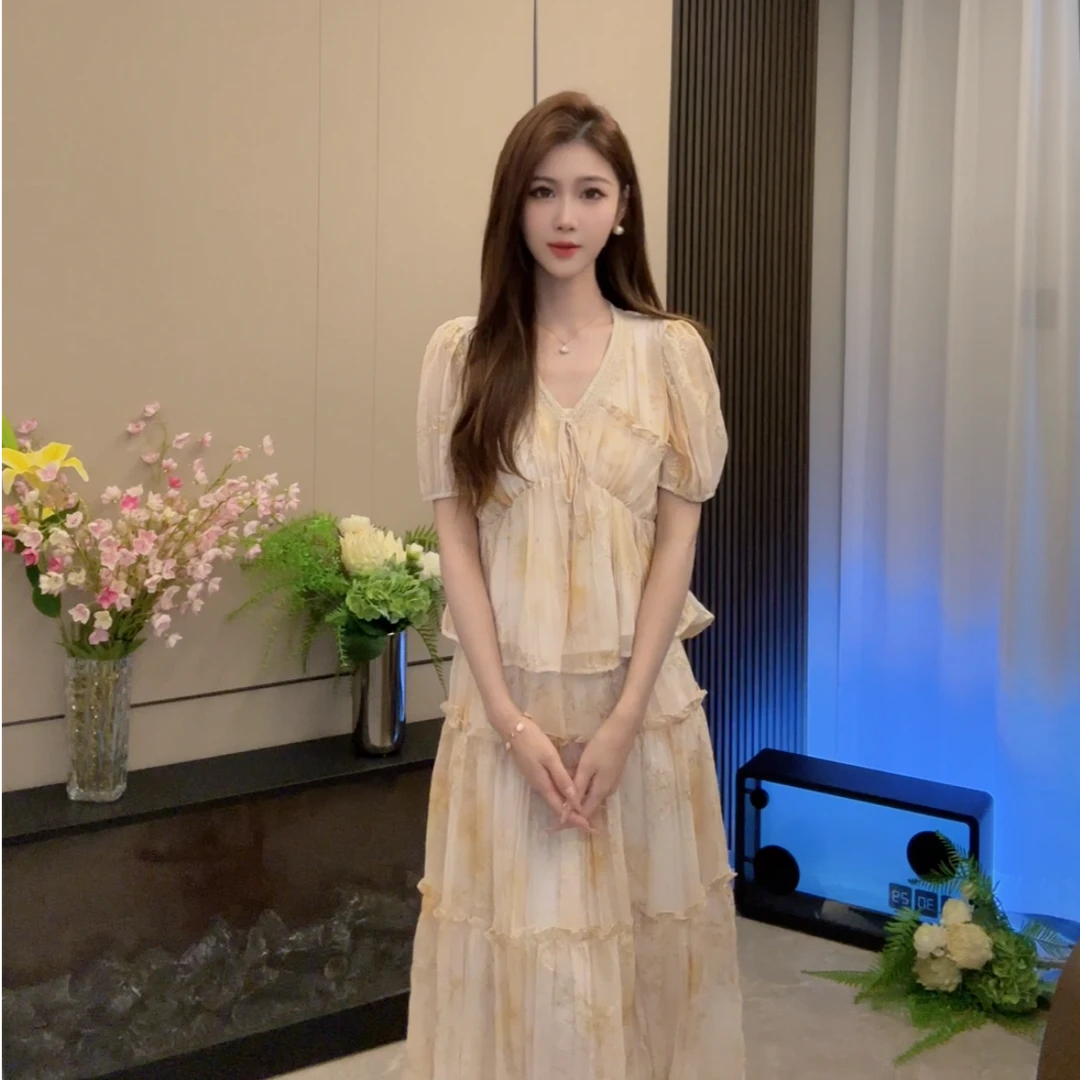 【鹿百万设计款】夏季新款清新短袖+半裙套装慵懒风女装YY-050