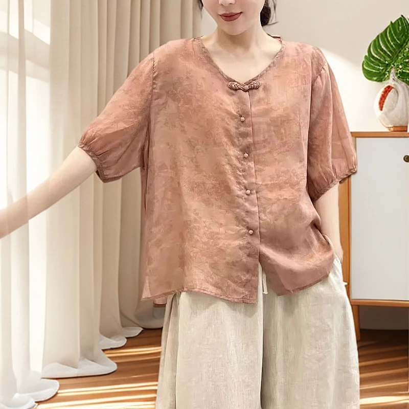 妈妈宽松大码女装T恤新中式复古常规中袖圆领单排扣纯色上衣夏季