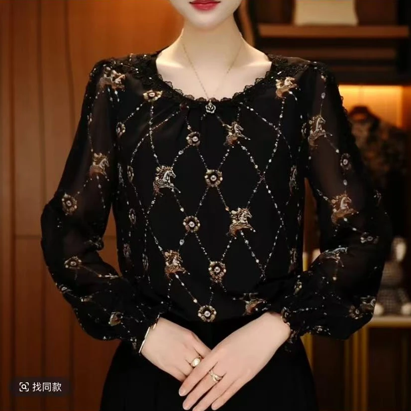 原创春新款琉璃双皱丝时尚洋气百搭显瘦休闲气质印花国风小衫外穿