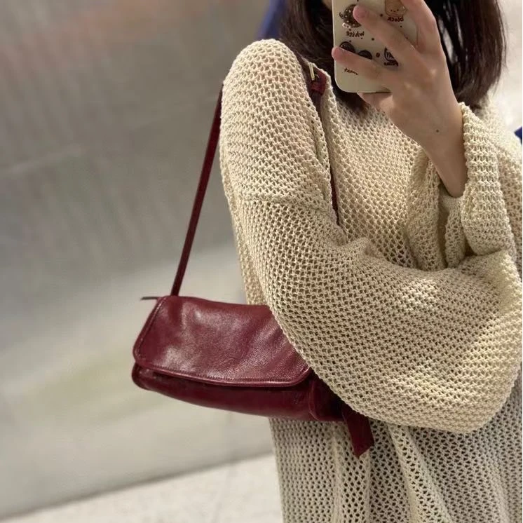 【胭脂红-法棍包】知女新款植鞣牛皮法棍包简约百搭单肩斜挎女包
