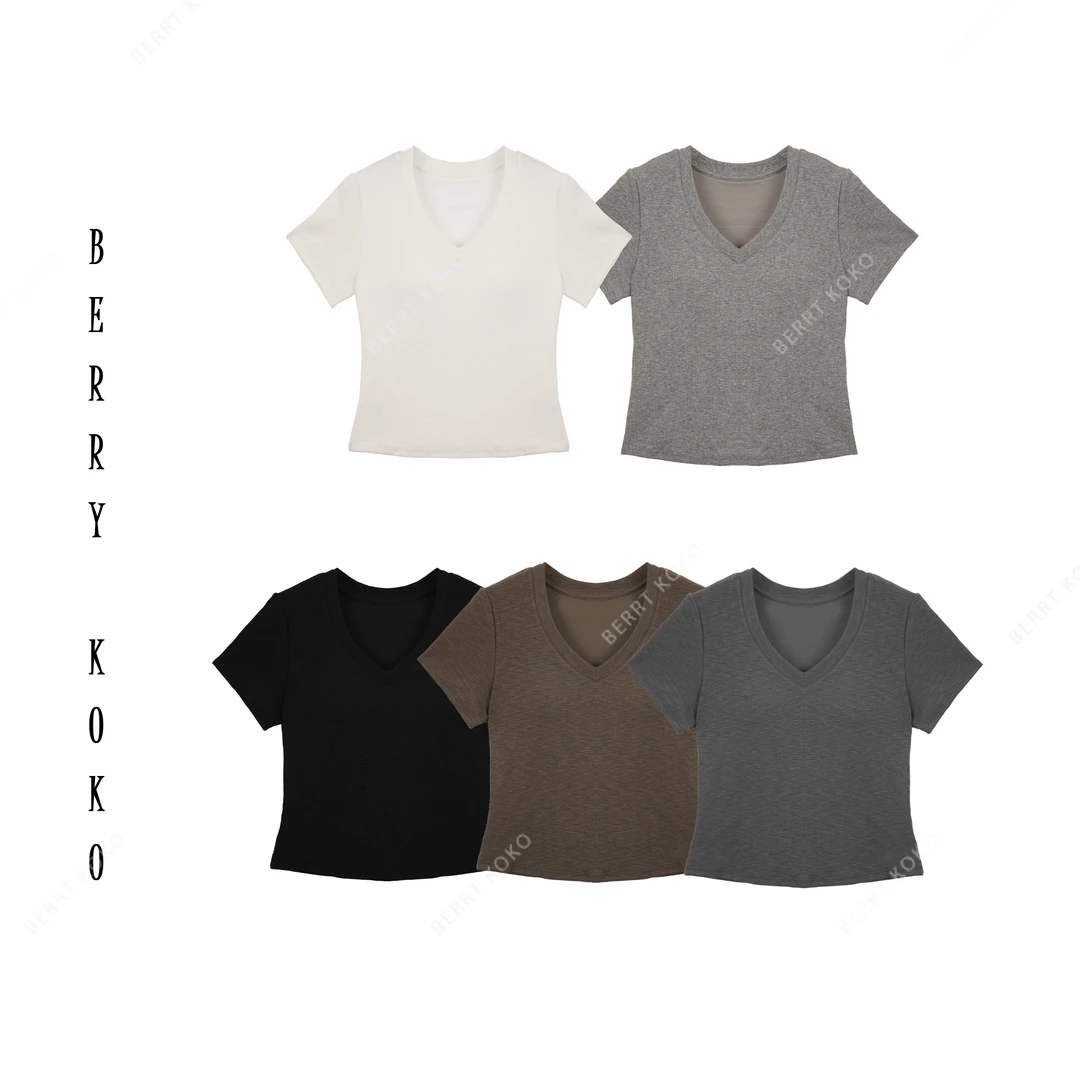 【MISSKO】2025新款时尚自带无感胸垫V领弹力坑条短袖T显瘦半袖245