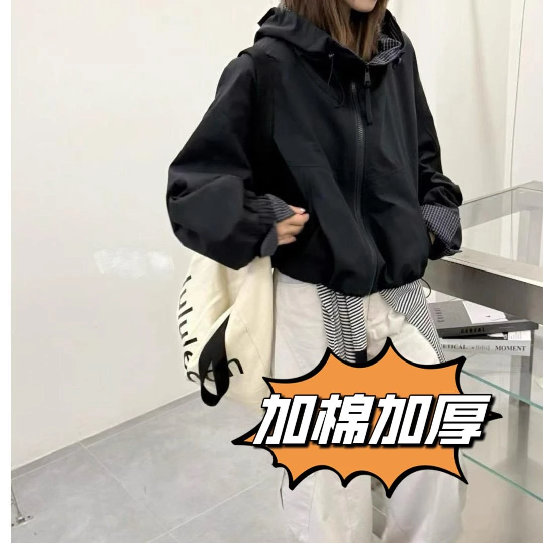 加棉加厚韩版连帽冲锋衣外套女2025新款宽松休闲百搭防风夹克上衣