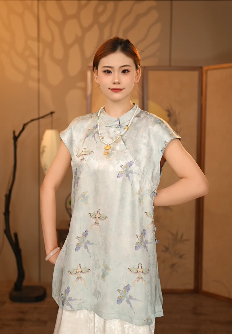 1【五彩斑斓】夏国风奥黛小飞袖上衣短袖T恤新中式提花盘扣马甲223