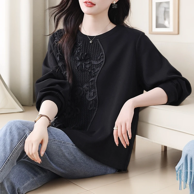 时尚盘绣拼接黑色T恤女秋季大码上衣2025新款春秋新中式女装衣服