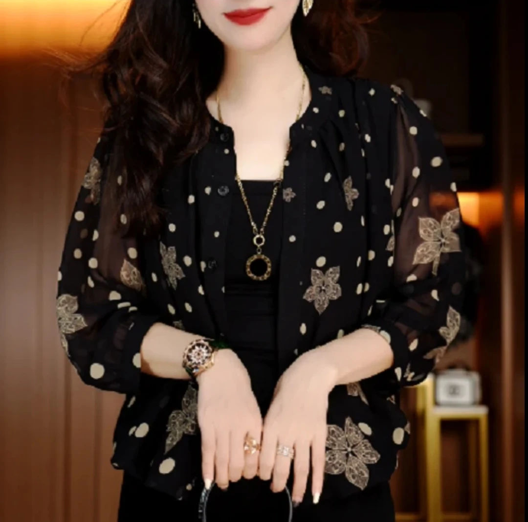 2025年印花时尚女打底衫七分袖春夏时尚套头百搭衬衫上衣气质0503