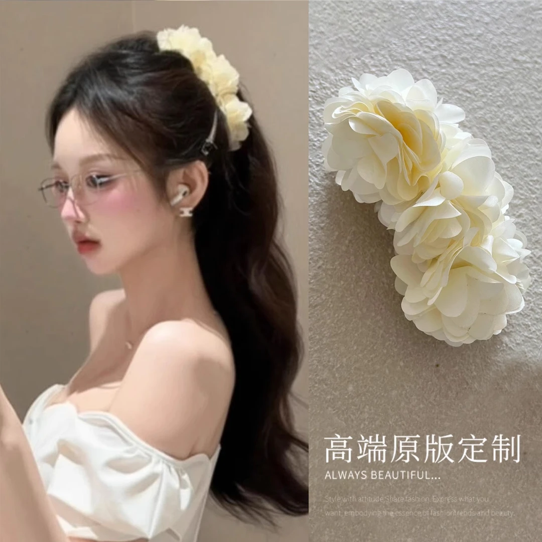纯欲风！奶油白玫瑰花香蕉夹高马尾发夹发卡夹子氛围感发饰夏新款