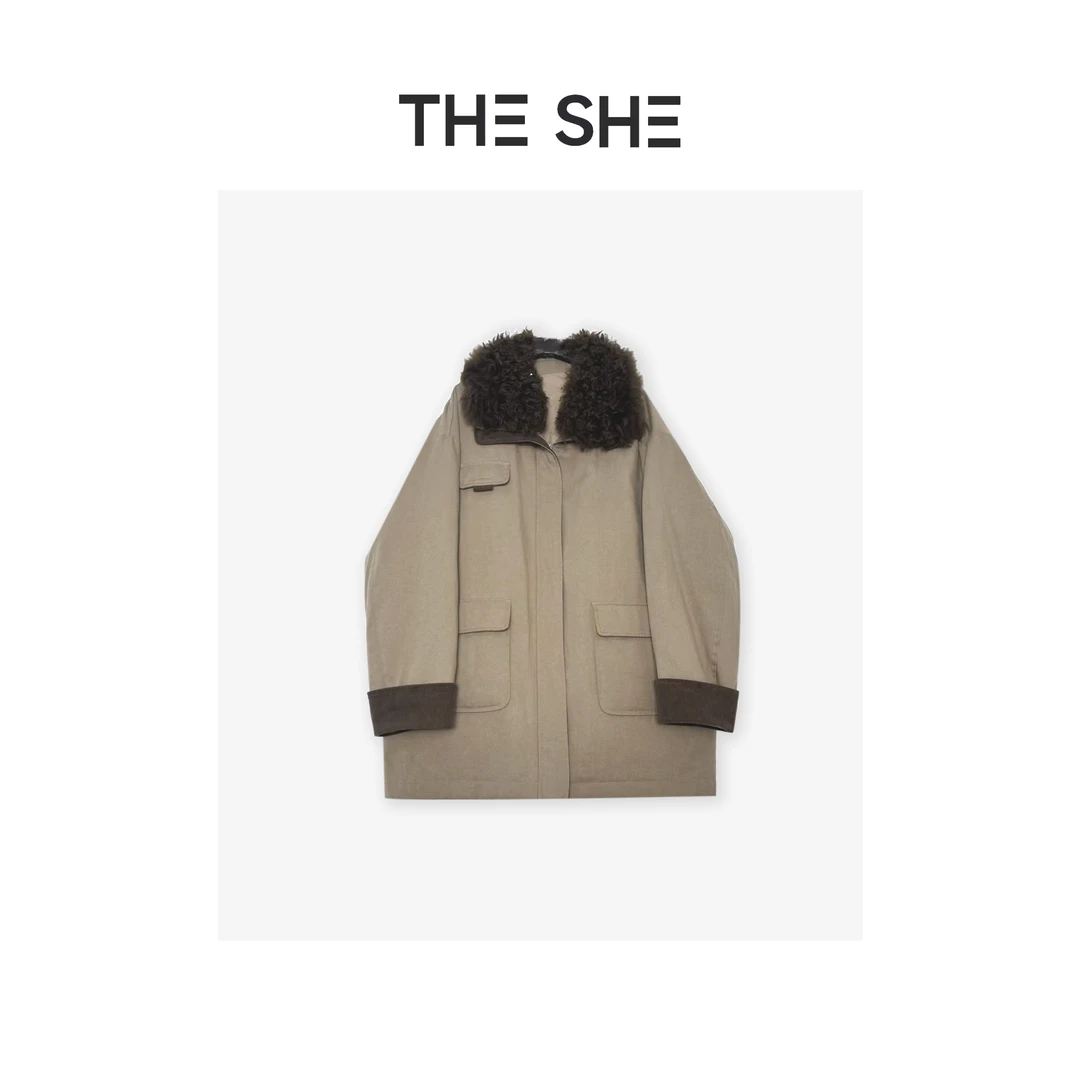 【Li·Li】卡其色巴恩风鹅绒皮草  羊毛中长款派克羽绒服