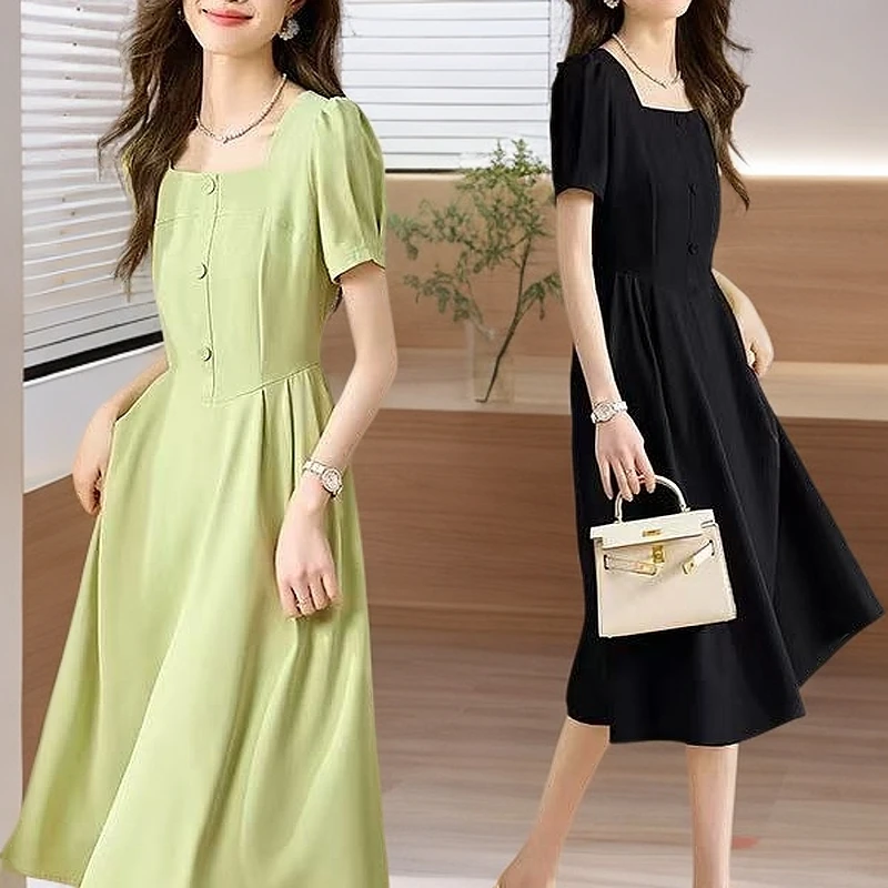 ［依易原创］气质时尚方领高腰显瘦连衣裙H89006