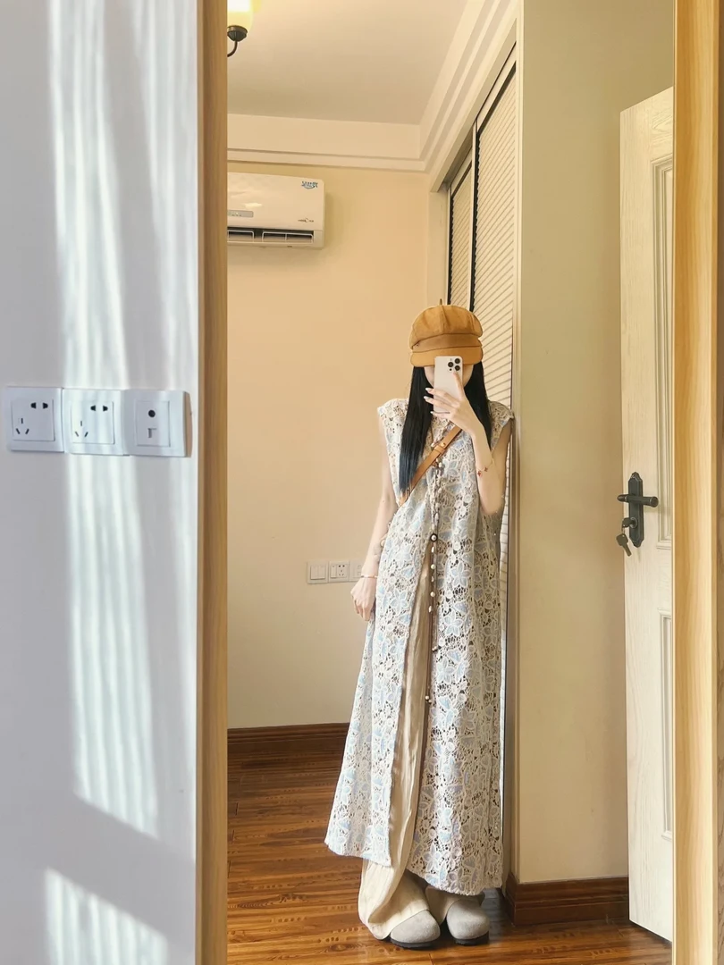 新中式蕾丝拼接镂空马甲女夏季新款宽松百搭休闲拖地长裤两件套潮