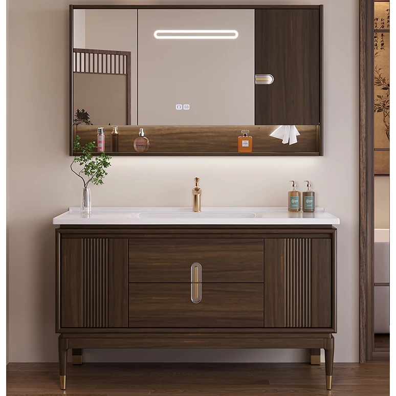 新中式乌金木浴室柜组合卫生间落地洗漱台天然奢石陶瓷洗手洗脸盆