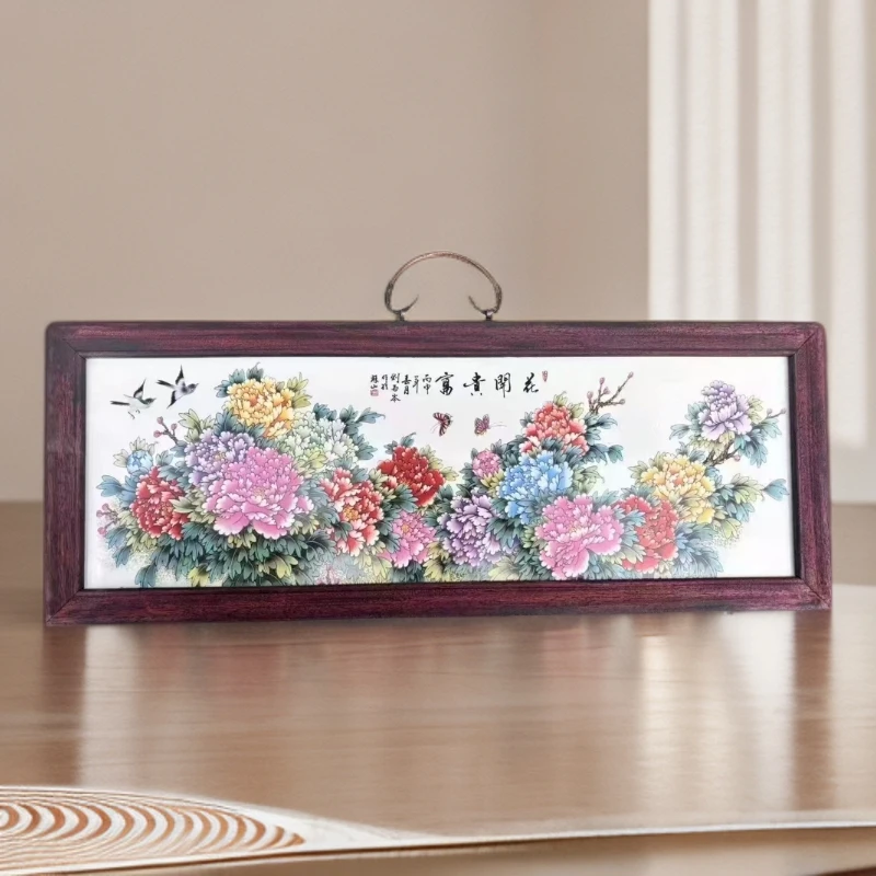 景德镇瓷板画柴窑烧制花开富贵实木边框55*21cm
