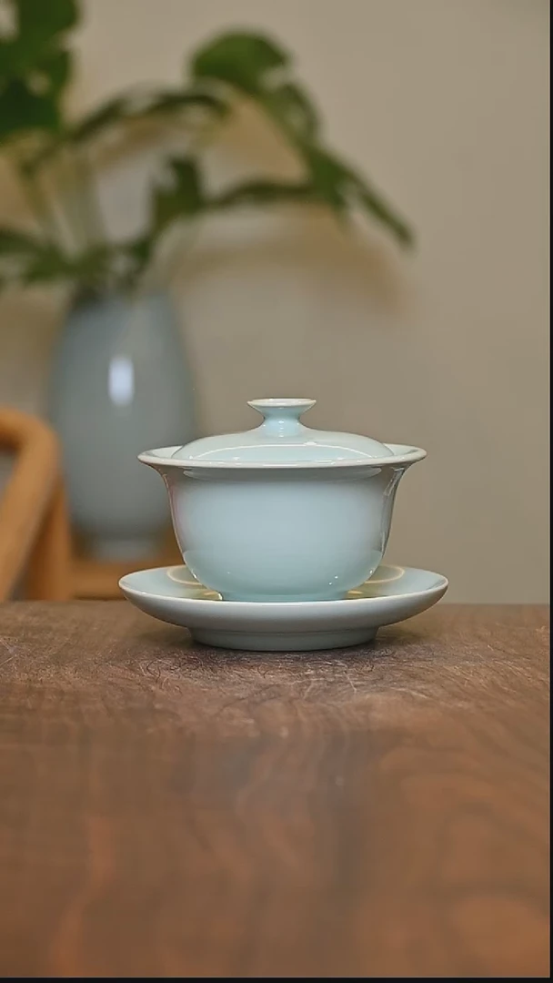 杯天青釉元宝盖碗120ml 手拉朱法喜作品