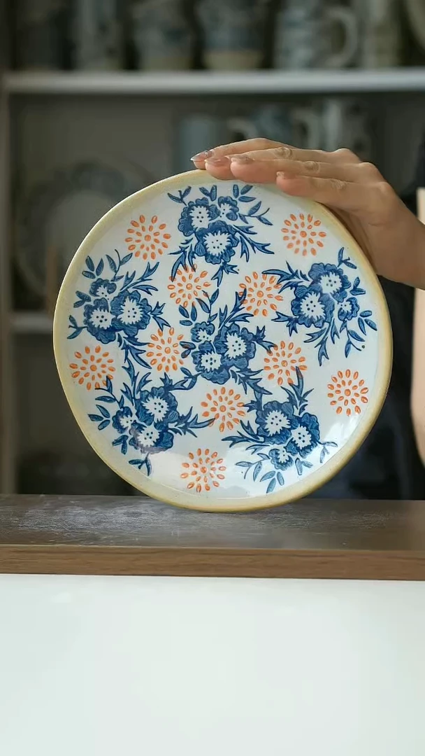 微瑕粗陶手绘花语晨曦早餐盘19cm@4-2@