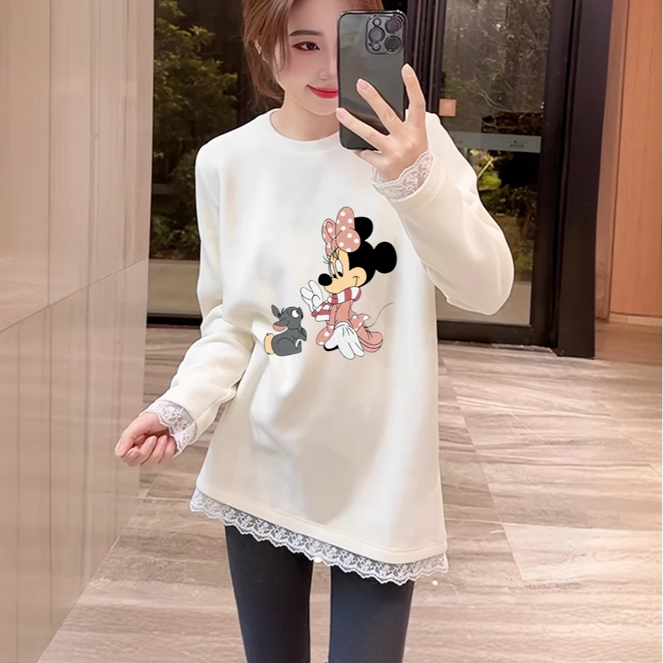 韩版白色蕾丝花边打底衫女长袖T恤冬季加绒圆领内搭蕾丝边打底衫