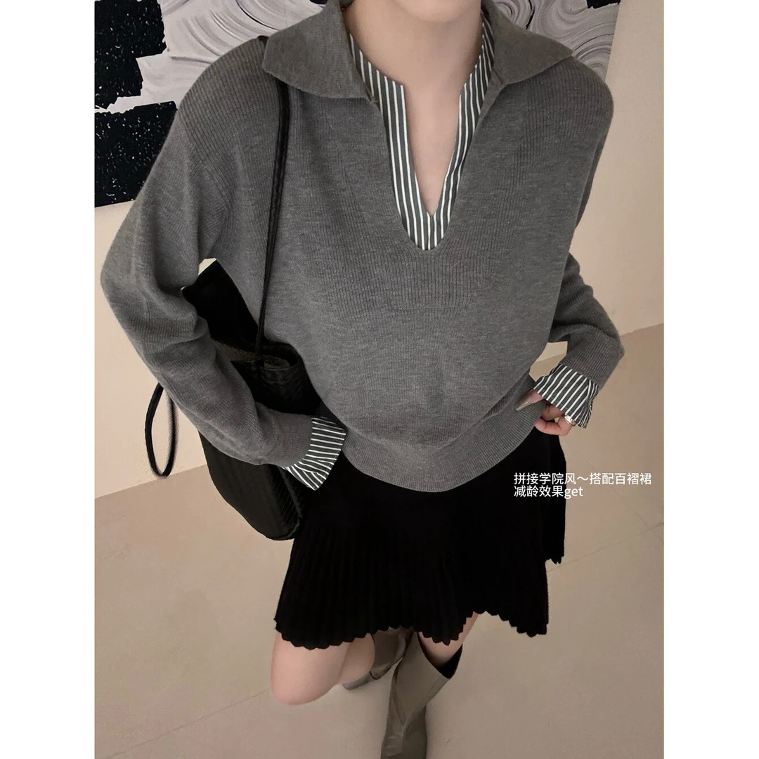 【现货+运费险】2025冬季新款长袖拼接宽松V领针织衫女设计感毛衣